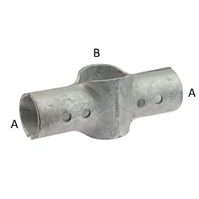 A heavy-duty hot-dip galvanised metal cross joint fitting with four pre-drilled bolt holes for securing intersecting structural pipes.