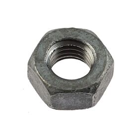 A top-down view of a single zinc-plated steel hexagonal nut with internal threads, meeting DIN 934 standards.