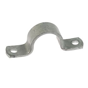 A durable galvanised steel saddle pipe clip with two holes for securing pipes to walls or other flat surfaces.