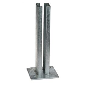 A heavy-duty hot-dip galvanised metal base plate with a 60x60mm slotted box section for mounting posts.