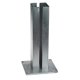 A hot-dip galvanized steel base plate designed for an 80x80 box section featuring a vertical slotted tube and mounting holes.