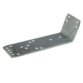 An L-shaped hot-dip galvanised metal brisket board fastener with multiple pre-drilled holes for secure agricultural mounting applications.