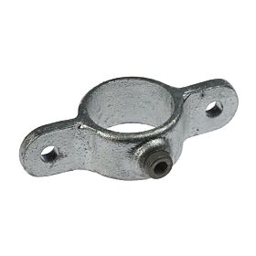 Galvanised cast iron male swivel fitting with a central pipe hole, two side mounting ears, and an integrated securing set screw.