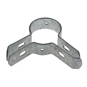 A silver, hot-dip galvanised metal corner bracket clamp designed to secure mesh panels to round fence posts at an angle.