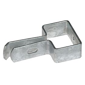 A hot-dip galvanized metal end bracket with an extended lip and slot for mounting double rod mesh fencing.