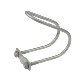 A hot-dip galvanised oblique wire clamp featuring a curved loop, a metal mounting plate, and two secure hexagonal nuts.