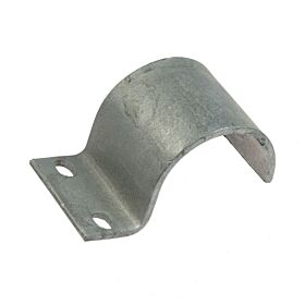 Silver galvanised metal pipe clamp with a curved middle section and a flat base containing two circular mounting holes.