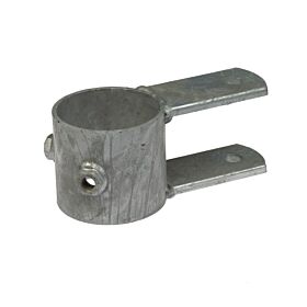 A hot-dip galvanised steel ring pipe clamp featuring two parallel mounting plates with holes for rotation and hinge assembly.
