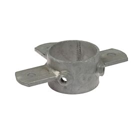 A galvanised steel ring pipe clamp featuring three projecting lips and threaded holes for securing pipes and structural fittings.