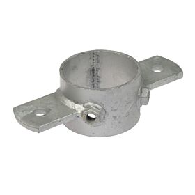 A silver hot-dip galvanized ring pipe clamp featuring two side lips with pre-drilled holes for secure mounting on surfaces.