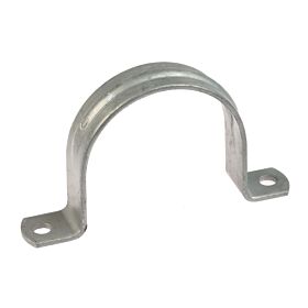 A U-shaped hot-dip galvanised metal saddle pipe clip with two mounting holes, designed for securing pipes to flat surfaces.