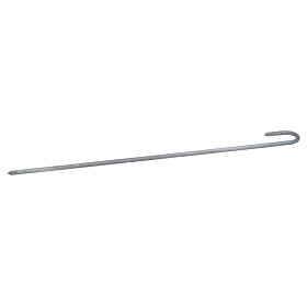 A long hot dip galvanised metal rod with a hooked top and a pointed bottom end on a white background.