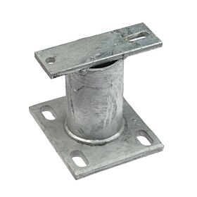 Hot-dip galvanized steel spacer with a square base and rectangular top plate featuring slotted holes for secure industrial mounting.
