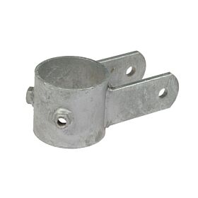 A hot-dip galvanized metal pipe support clamp featuring a cylindrical center and two protruding lips with pre-drilled bolt holes.