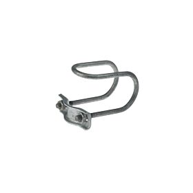 A hot-dip galvanised TG 245 M10 straight wire clamp with a double-loop design and securing bracket for greenhouse applications.