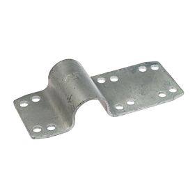 Silver hot-dip galvanised metal tube clamp with a central arch and flat side plates containing twelve pre-drilled bolt holes.