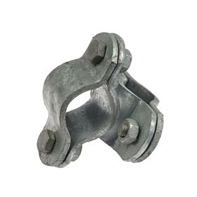 A hot-dip galvanised welded crossover clamp for connecting two pipes perpendicularly, featuring heavy-duty steel construction and secure bolt fasteners.