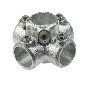 A silver galvanized cast iron 4-way pipe clamp with set screws for secure industrial pipe connections and structural framing.