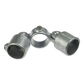 A hot-dip galvanized cast iron double swivel combination fitting designed to connect three structural pipes at adjustable angles.