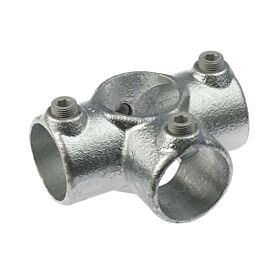 A silver hot-dip galvanized cast iron side outlet tee fitting with three openings and set screws for secure pipe connections.