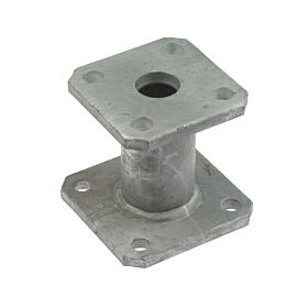 A hot-dip galvanized cast iron spacer featuring two square four-hole flanges connected by a central tube on white.