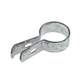A silver hot-dip galvanized metal end bracket featuring a circular clamp and extended lip with slotted holes for fence assembly.