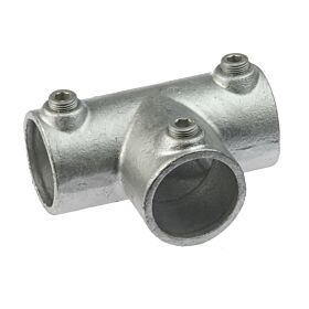 Silver-colored hot-dip galvanized cast iron T-clamp fitting with three set screws for securing industrial metal pipes and railings.