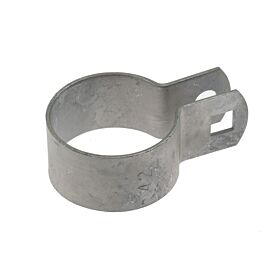 A silver galvanized circular metal clamp with a square bolt hole tab, used for securing fencing to round posts.
