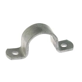 A hot-dip galvanized steel saddle bracket with a 30x5 mm strip profile and pre-drilled holes for securing pipes.