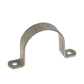 A U-shaped hot-dip galvanized metal saddle bracket strip with two mounting holes for securing pipes or conduit to surfaces.