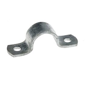 A hot-dip galvanized steel bracket strip with a central arch and two mounting holes for securing pipes or conduits.