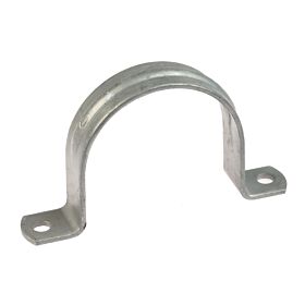 A silver-colored hot-dip galvanized steel two-hole pipe strap designed for securing industrial piping and conduits to flat surfaces.