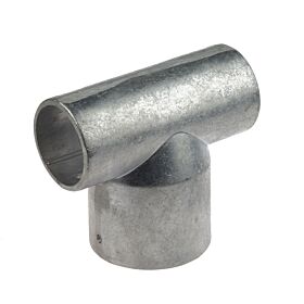 A silver-colored aluminum T-clamp connector designed to join two pipes at a ninety-degree angle for industrial or modular structural frames.
