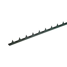 A long black metal spike comb strip with sharp serrated edges for wall or fence security and intruder deterrence.
