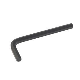 L-shaped black metal hexagon key tool designed for driving screws and bolts with a hexagonal socket, isolated on white background.