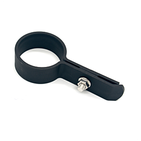 Black polyamide long lip bracket with a circular clamp and silver bolt for double rod mounting on a white background.