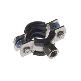 A stainless steel 316 pipe clamp with a black rubber lining, featuring an M8 threaded nut and two mounting screws.