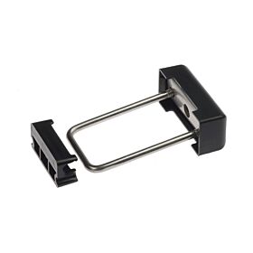 A mounting set for double rod mesh fencing featuring a stainless steel U-bolt and two black plastic mounting brackets.