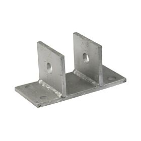 Narrow hot-dip galvanised tube wall support featuring a rectangular base with four mounting holes and two vertical plates.