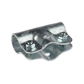 A galvanized steel one-piece T-clamp TJ-110 with two hex bolts and nuts for secure pipe and tube mounting.