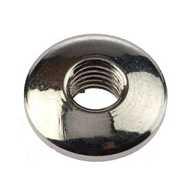 A circular, polished stainless steel nut with visible internal threads, reflecting light against a plain white background.