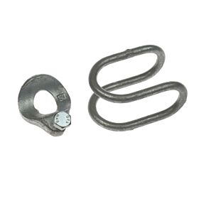 Metal RotaClamp components featuring a hot-dip galvanized saddle with a bolt and a sturdy double-loop wire spring connector.