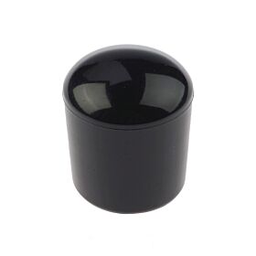 Single round black plastic post cap with a glossy domed top for protecting fence posts or pipe ends.