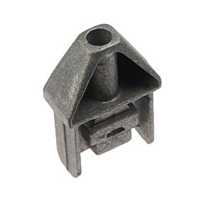 Cast metal safety end connector featuring a triangular top and a rectangular plug for horizontal box section railing tubes.