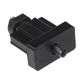 A black rectangular plastic end piece featuring a central metal spring-loaded pin for securing rectangular tube profiles.