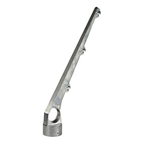 Silver aluminum barbed wire extension arm with a sixty-degree angle and three notches for wire attachment on fencing.
