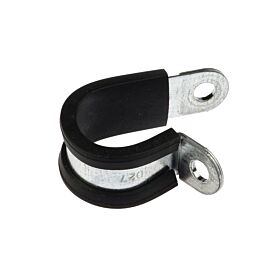 Electrolytically zinc-plated single-point quick pipe clamp with a black rubber lining and two mounting holes for secure industrial pipe support.