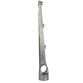 A single straight aluminium barbed wire extension arm with three wire holders designed for mounting on round fence posts.