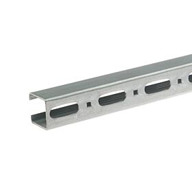 Close-up of a galvanized steel mounting rail with oval-shaped slots and square holes on a plain white background.