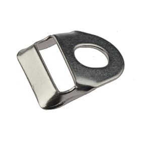 Small stainless steel corner reinforcement bracket with a circular hole and a rectangular slot for mesh panel fencing.